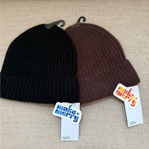 NWT Cashmere Ribbed Cuff Beanie Hats Lot of 2 Black and Brown